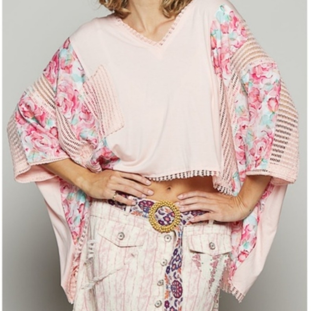POL Women's‎ Pink Floral Lace Patchwork Top Boho Festival Casual Oversized Sz M